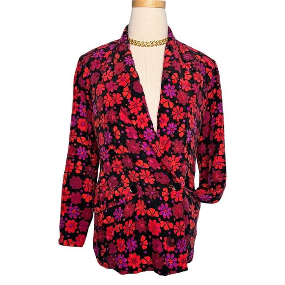 Handmade silk floral peak lapel double breasted blazer jacket size small S - Picture 1 of 8